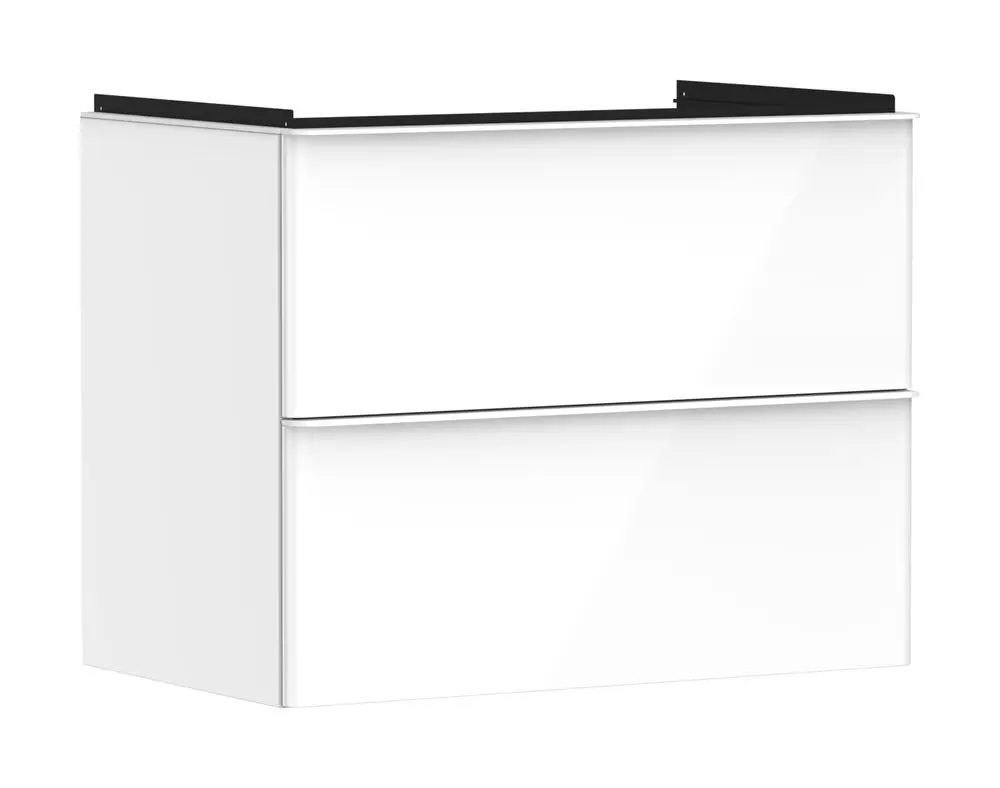 Heller Waschtischunterschrank mit zwei Schubkästen von Hansgrohe, geeignet für die Montage unter einem Waschbecken. Schlichte, moderne Ausstattung ohne Dekor.
